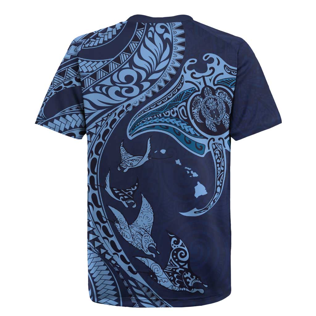 Hawaiian Manta Ray and Polynesian Tribal Tattoo Rugby Jersey Dark Navy Color LT03