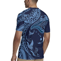 Hawaiian Manta Ray and Polynesian Tribal Tattoo Rugby Jersey Dark Navy Color LT03