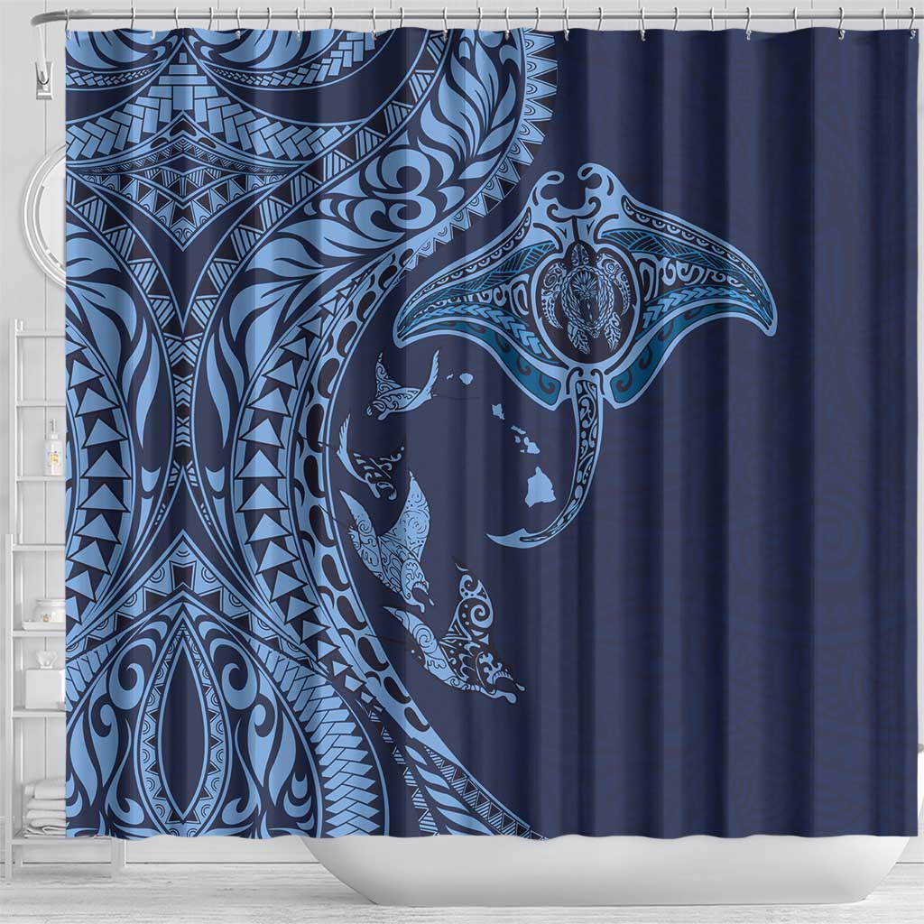 Hawaiian Manta Ray and Polynesian Tribal Tattoo Shower Curtain Dark Navy Color LT03