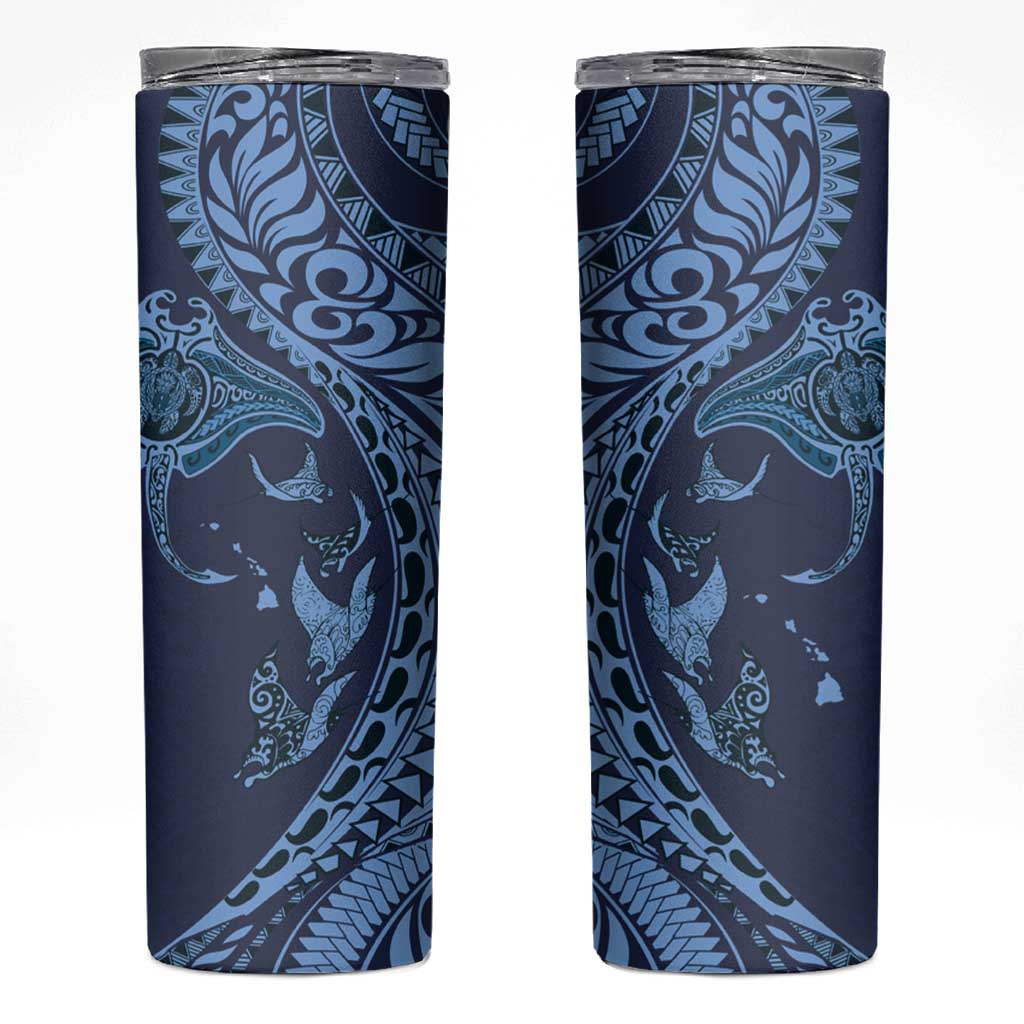 Hawaiian Manta Ray and Polynesian Tribal Tattoo Skinny Tumbler Dark Navy Color