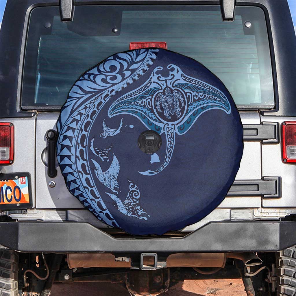 Hawaiian Manta Ray and Polynesian Tribal Tattoo Spare Tire Cover Dark Navy Color LT03