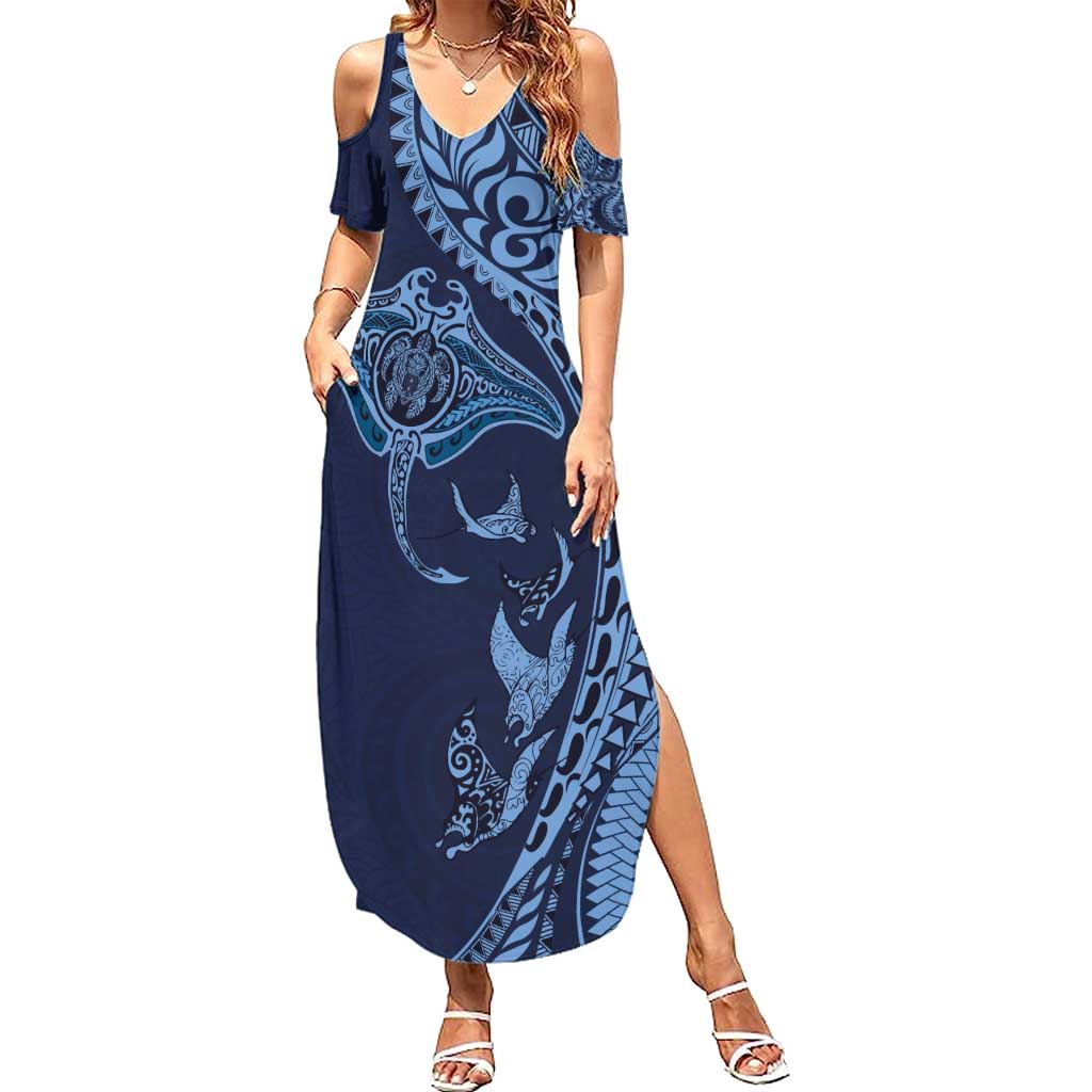 Hawaiian Manta Ray and Polynesian Tribal Tattoo Summer Maxi Dress Dark Navy Color LT03