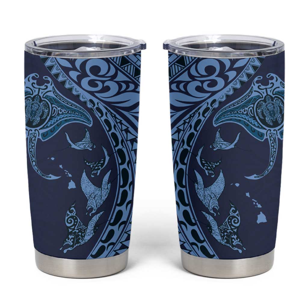 Hawaiian Manta Ray and Polynesian Tribal Tattoo Tumbler Cup Dark Navy Color