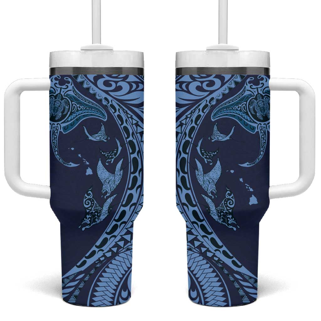 Hawaiian Manta Ray and Polynesian Tribal Tattoo Tumbler With Handle Dark Navy Color