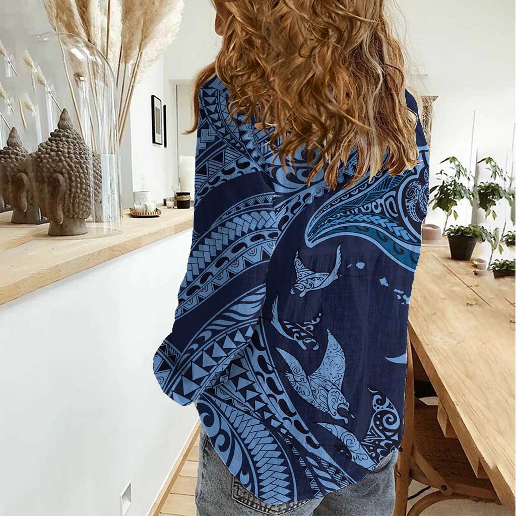 Hawaiian Manta Ray and Polynesian Tribal Tattoo Women Casual Shirt Dark Navy Color LT03