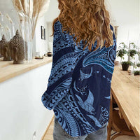 Hawaiian Manta Ray and Polynesian Tribal Tattoo Women Casual Shirt Dark Navy Color LT03