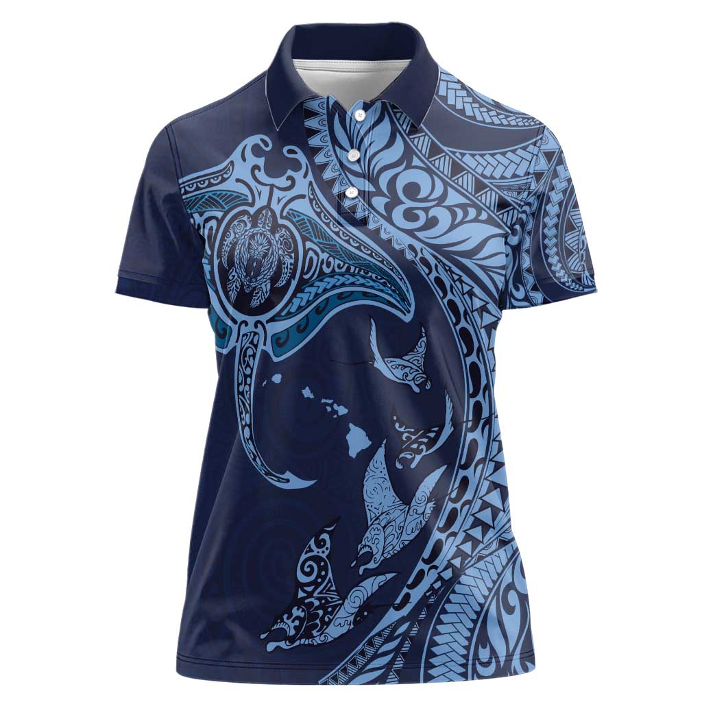 Hawaiian Manta Ray and Polynesian Tribal Tattoo Women Polo Shirt Dark Navy Color LT03 Female Dark Navy - Polynesian Pride