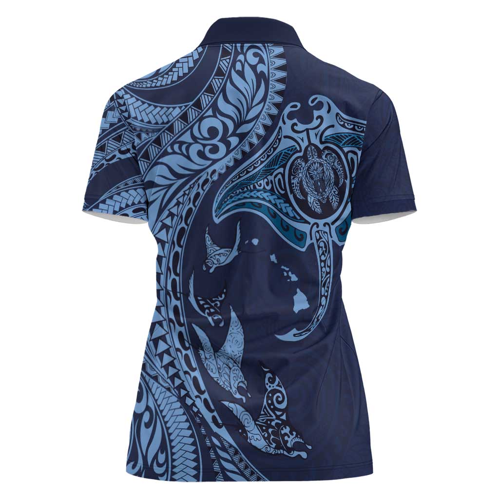 Hawaiian Manta Ray and Polynesian Tribal Tattoo Women Polo Shirt Dark Navy Color LT03 - Polynesian Pride