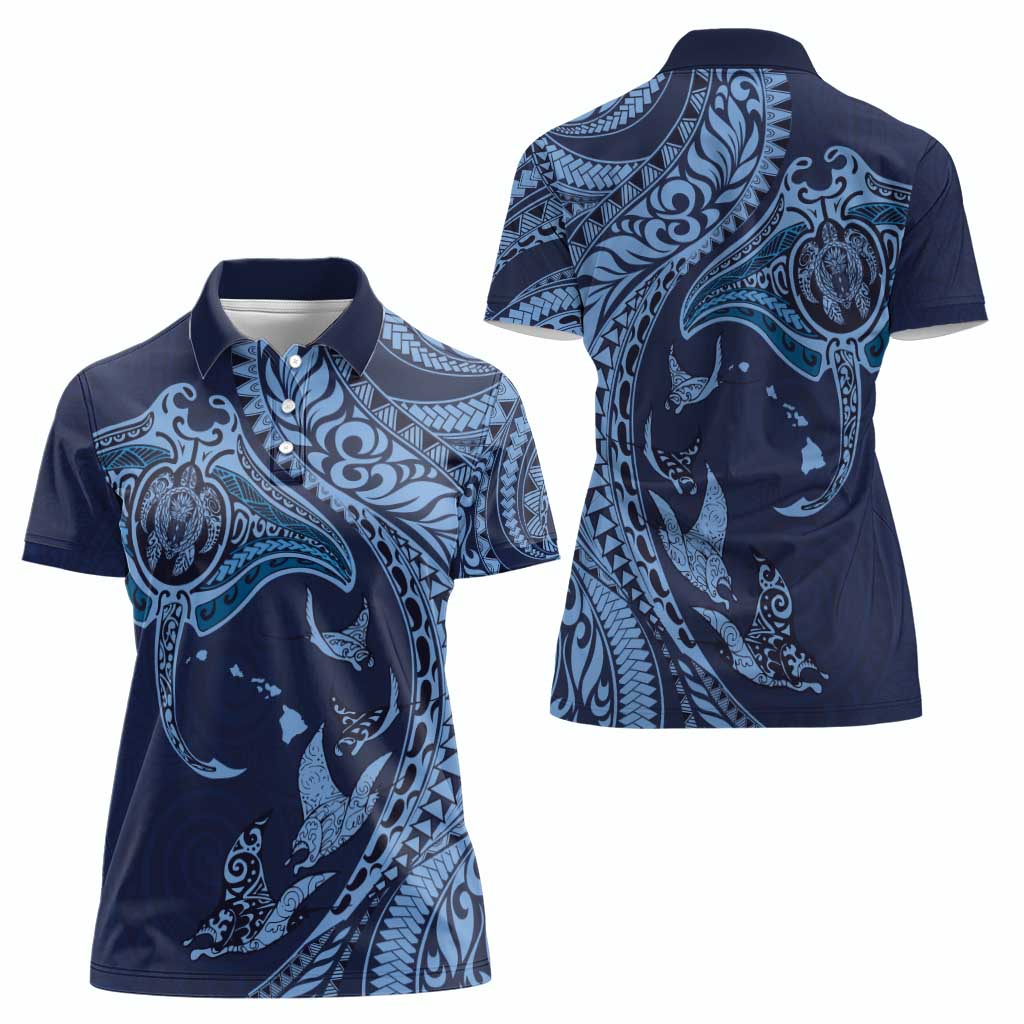 Hawaiian Manta Ray and Polynesian Tribal Tattoo Women Polo Shirt Dark Navy Color LT03 - Polynesian Pride