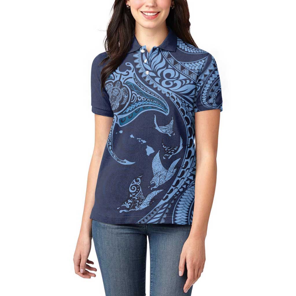 Hawaiian Manta Ray and Polynesian Tribal Tattoo Women Polo Shirt Dark Navy Color LT03 - Polynesian Pride