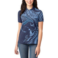 Hawaiian Manta Ray and Polynesian Tribal Tattoo Women Polo Shirt Dark Navy Color LT03 - Polynesian Pride