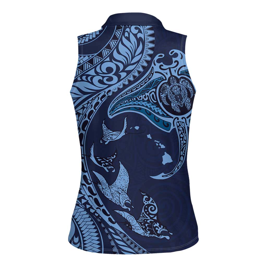 Hawaiian Manta Ray and Polynesian Tribal Tattoo Women Sleeveless Polo Shirt Dark Navy Color LT03 - Polynesian Pride