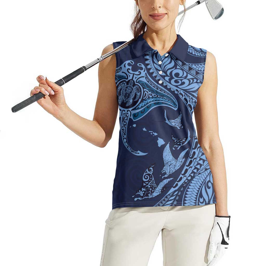 Hawaiian Manta Ray and Polynesian Tribal Tattoo Women Sleeveless Polo Shirt Dark Navy Color LT03 - Polynesian Pride