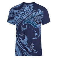 Hawaiian Manta Ray and Polynesian Tribal Tattoo Women V-Neck T-Shirt Dark Navy Color LT03 - Polynesian Pride