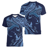 Hawaiian Manta Ray and Polynesian Tribal Tattoo Women V-Neck T-Shirt Dark Navy Color LT03 - Polynesian Pride