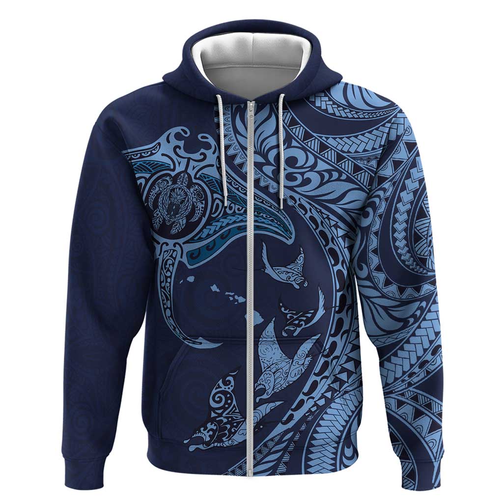 Hawaiian Manta Ray and Polynesian Tribal Tattoo Zip Hoodie Dark Navy Color LT03