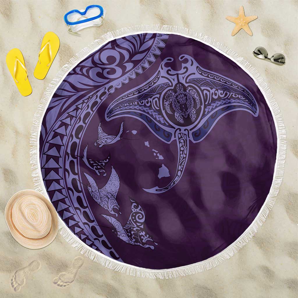 Hawaiian Manta Ray and Polynesian Tribal Tattoo Beach Blanket Purple Color LT03