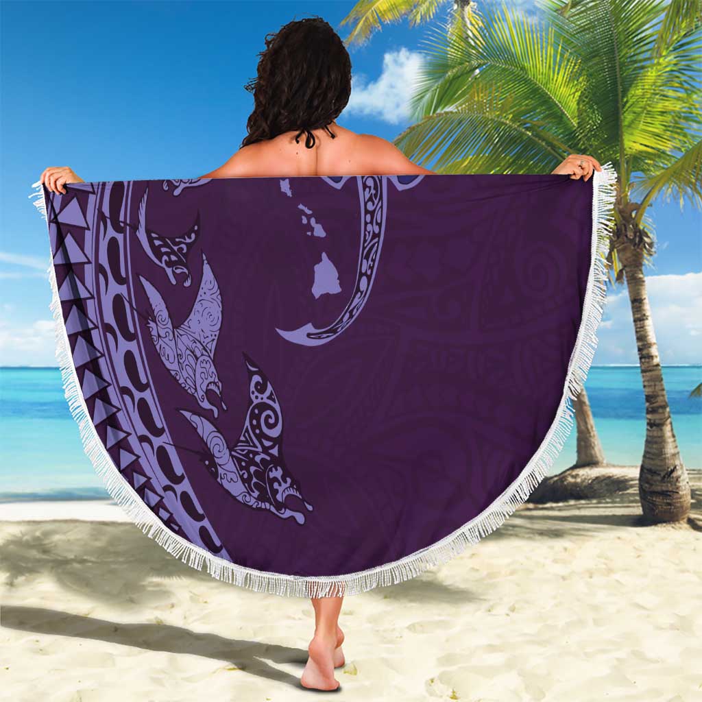 Hawaiian Manta Ray and Polynesian Tribal Tattoo Beach Blanket Purple Color LT03