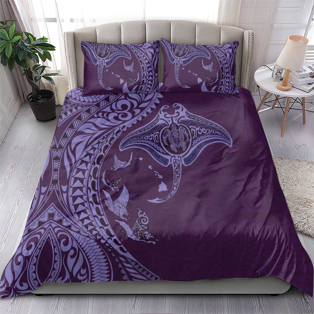 Hawaiian Manta Ray and Polynesian Tribal Tattoo Bedding Set Purple Color LT03