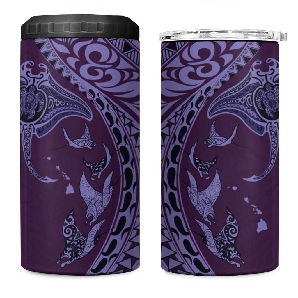 Hawaiian Manta Ray and Polynesian Tribal Tattoo 4 in 1 Can Cooler Tumbler Purple Color