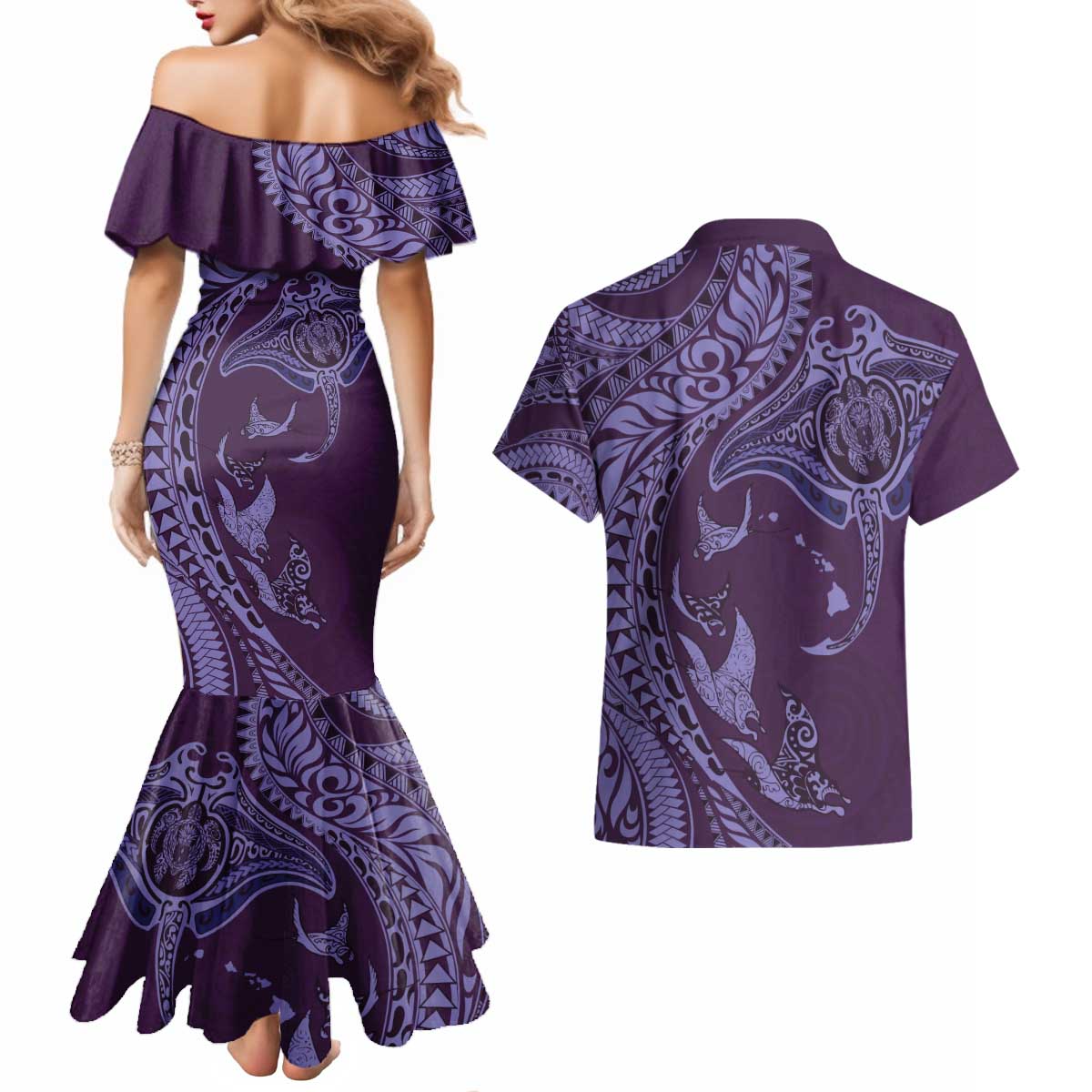 Hawaiian Manta Ray and Polynesian Tribal Tattoo Couples Matching Mermaid Dress and Hawaiian Shirt Purple Color LT03