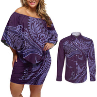 Hawaiian Manta Ray and Polynesian Tribal Tattoo Couples Matching Off Shoulder Short Dress and Long Sleeve Button Shirt Purple Color LT03