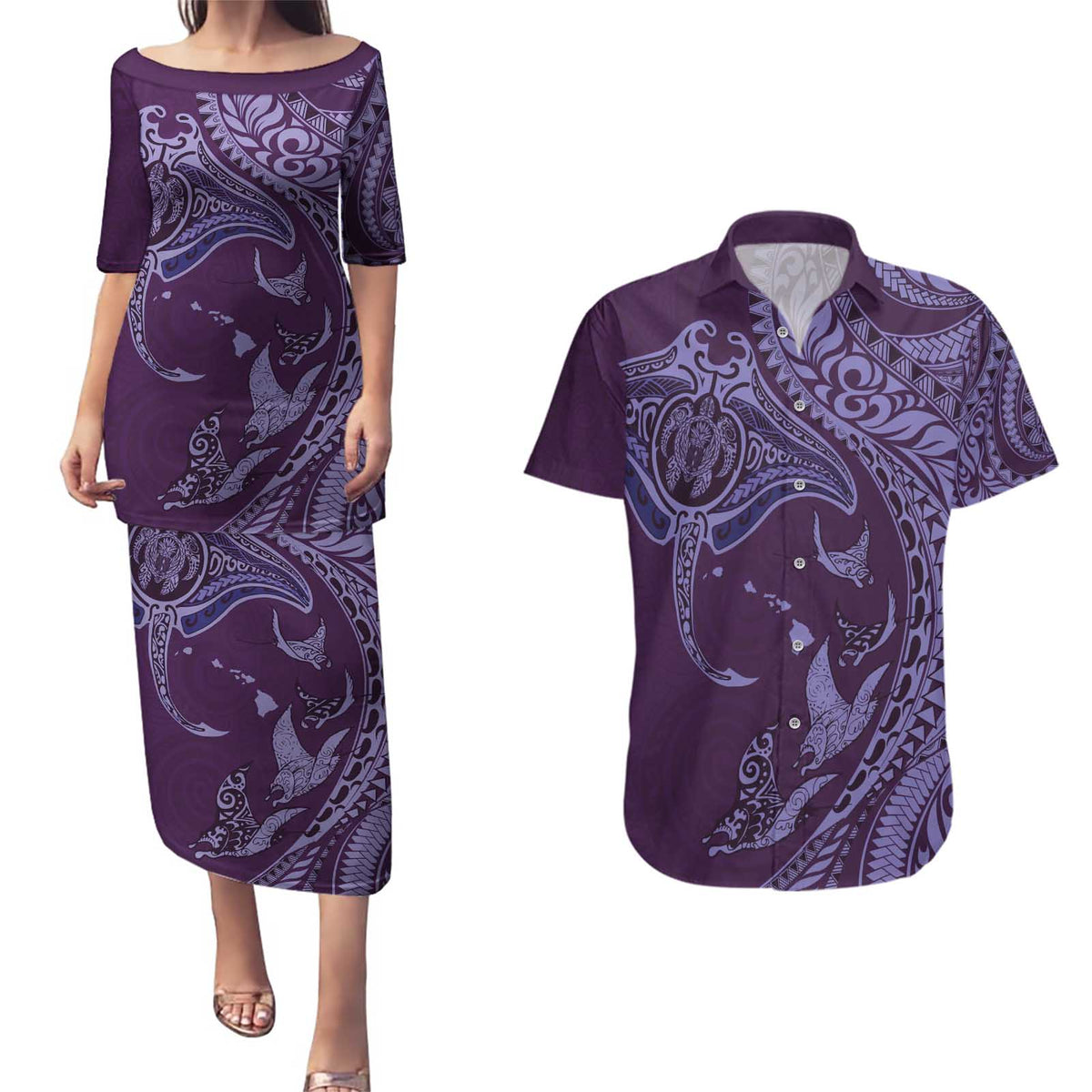 Hawaiian Manta Ray and Polynesian Tribal Tattoo Couples Matching Puletasi and Hawaiian Shirt Purple Color LT03