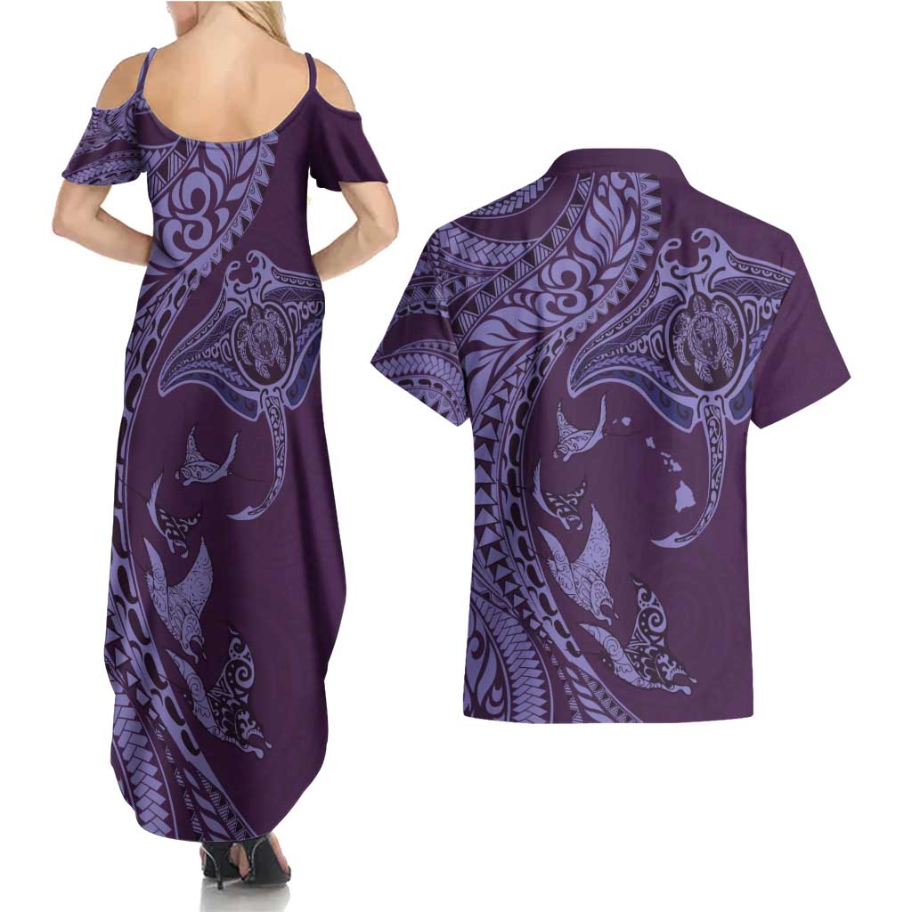 Hawaiian Manta Ray and Polynesian Tribal Tattoo Couples Matching Summer Maxi Dress and Hawaiian Shirt Purple Color LT03