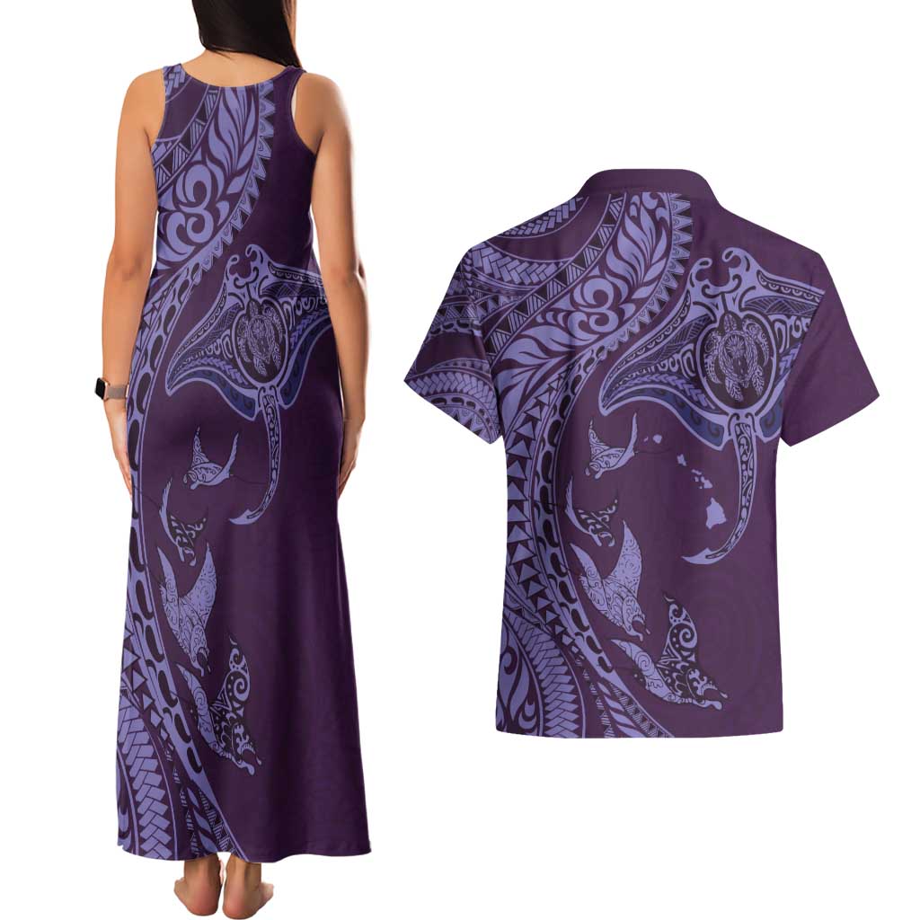 Hawaiian Manta Ray and Polynesian Tribal Tattoo Couples Matching Tank Maxi Dress and Hawaiian Shirt Purple Color LT03