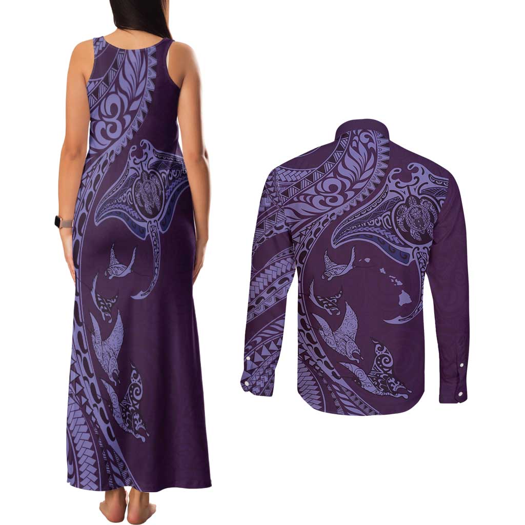 Hawaiian Manta Ray and Polynesian Tribal Tattoo Couples Matching Tank Maxi Dress and Long Sleeve Button Shirt Purple Color LT03
