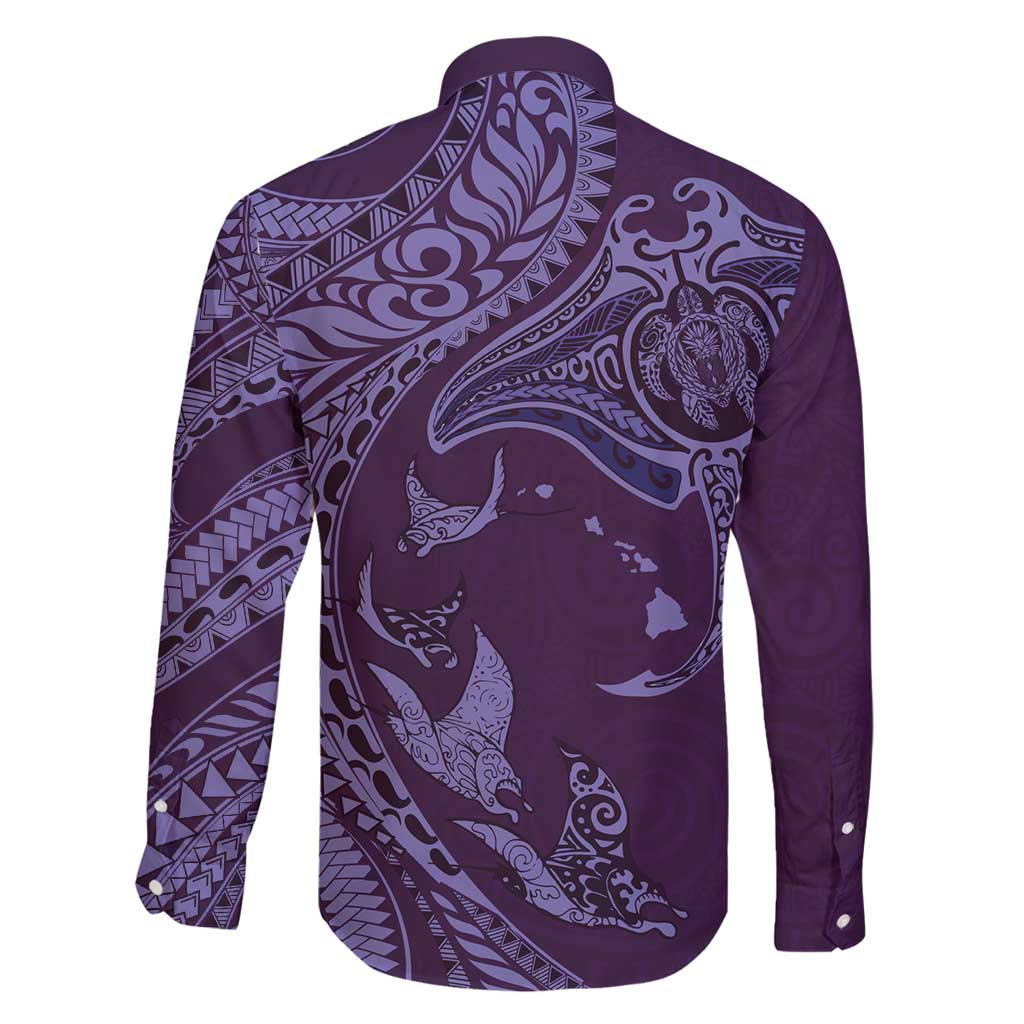 Hawaiian Manta Ray and Polynesian Tribal Tattoo Family Matching Long Sleeve Bodycon Dress and Hawaiian Shirt Purple Color LT03