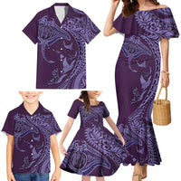 Hawaiian Manta Ray and Polynesian Tribal Tattoo Family Matching Mermaid Dress and Hawaiian Shirt Purple Color LT03