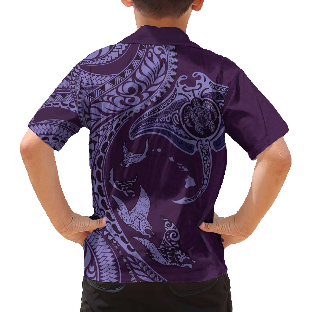 Hawaiian Manta Ray and Polynesian Tribal Tattoo Family Matching Puletasi and Hawaiian Shirt Purple Color LT03 - Polynesian Pride