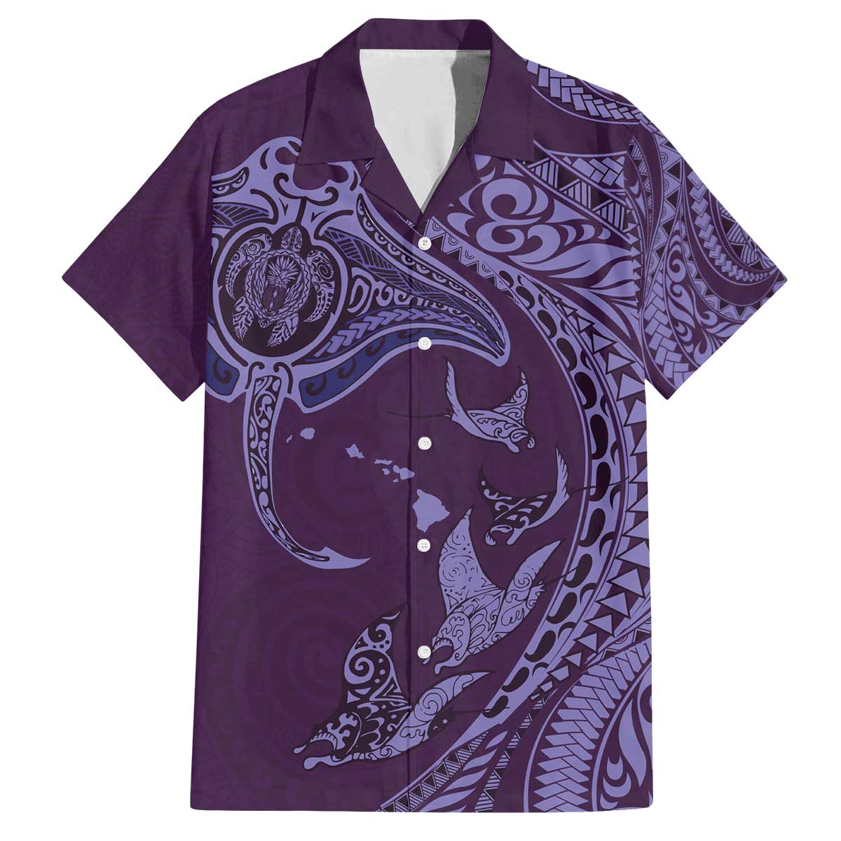 Hawaiian Manta Ray and Polynesian Tribal Tattoo Family Matching Puletasi and Hawaiian Shirt Purple Color LT03 Dad's Shirt - Short Sleeve Purple - Polynesian Pride