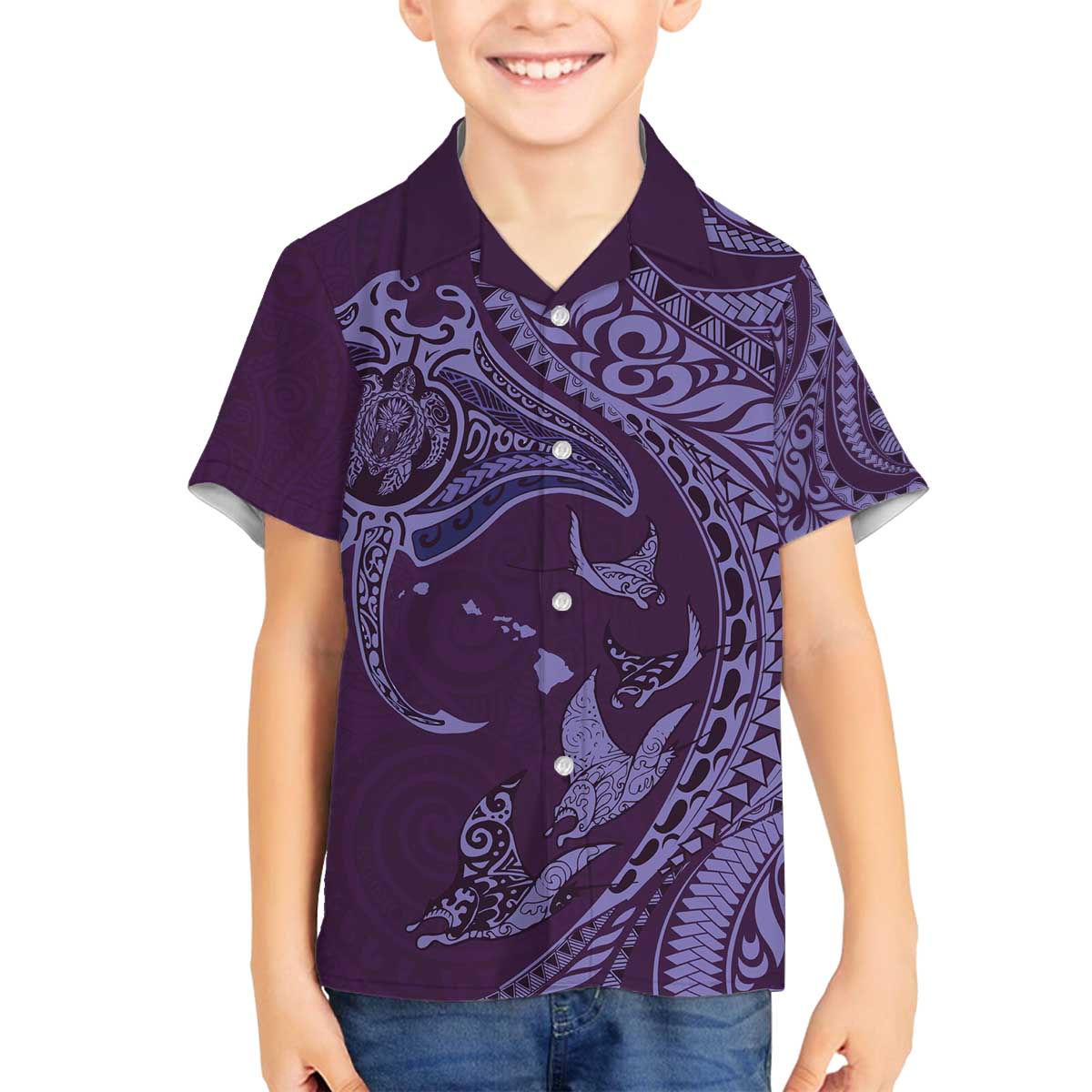 Hawaiian Manta Ray and Polynesian Tribal Tattoo Family Matching Puletasi and Hawaiian Shirt Purple Color LT03 Son's Shirt Purple - Polynesian Pride
