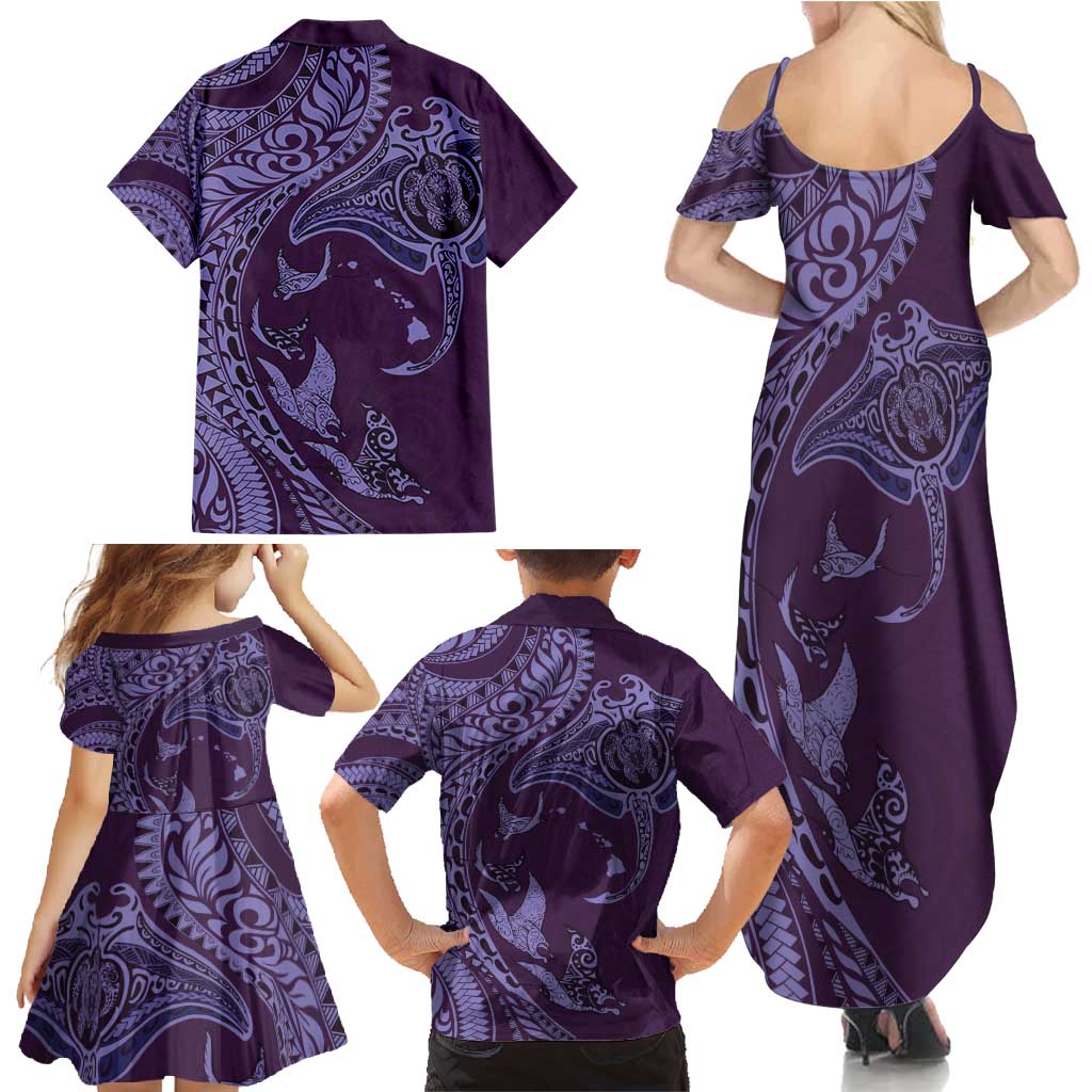 Hawaiian Manta Ray and Polynesian Tribal Tattoo Family Matching Summer Maxi Dress and Hawaiian Shirt Purple Color LT03