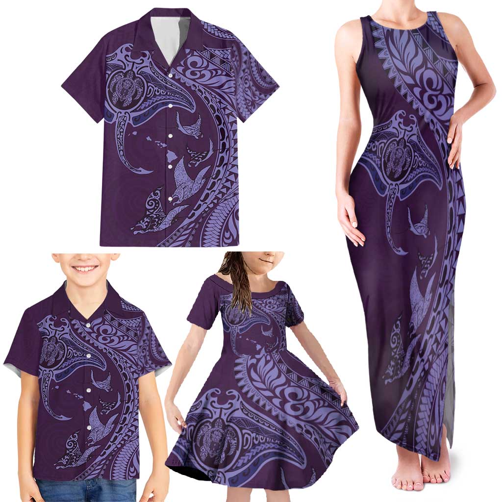 Hawaiian Manta Ray and Polynesian Tribal Tattoo Family Matching Tank Maxi Dress and Hawaiian Shirt Purple Color LT03