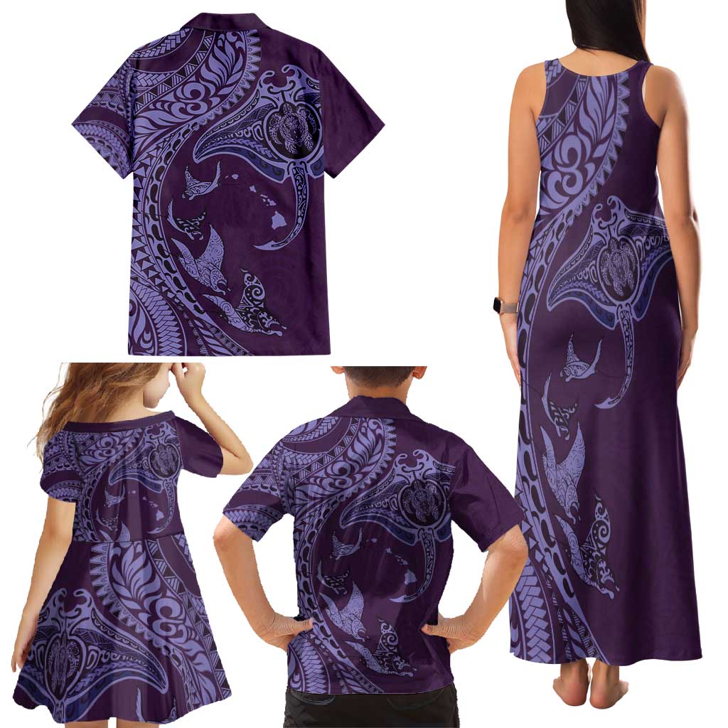 Hawaiian Manta Ray and Polynesian Tribal Tattoo Family Matching Tank Maxi Dress and Hawaiian Shirt Purple Color LT03