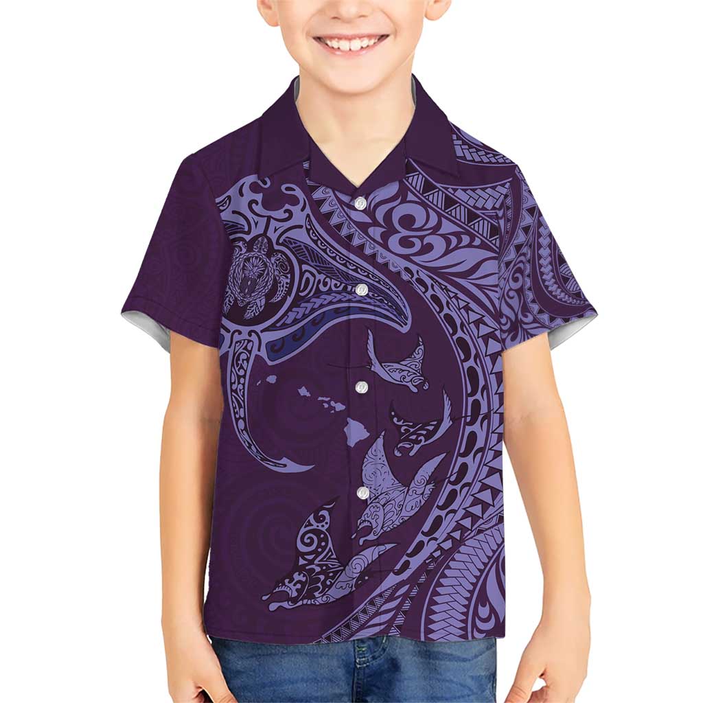 Hawaiian Manta Ray and Polynesian Tribal Tattoo Kid Hawaiian Shirt Purple Color LT03