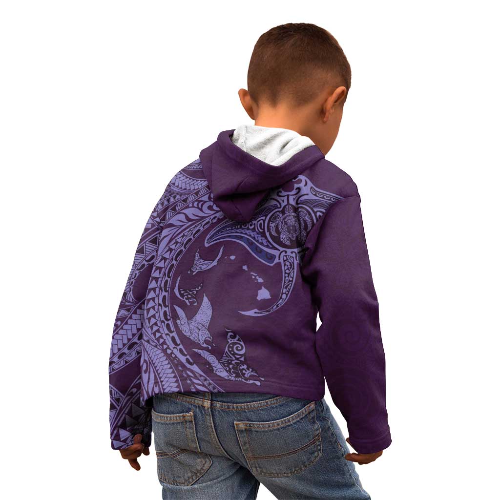 Hawaiian Manta Ray and Polynesian Tribal Tattoo Kid Hoodie Purple Color LT03