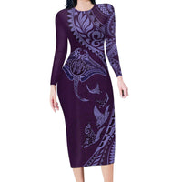 Hawaiian Manta Ray and Polynesian Tribal Tattoo Long Sleeve Bodycon Dress Purple Color LT03 Long Dress Purple - Polynesian Pride