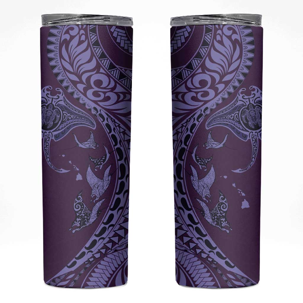 Hawaiian Manta Ray and Polynesian Tribal Tattoo Skinny Tumbler Purple Color