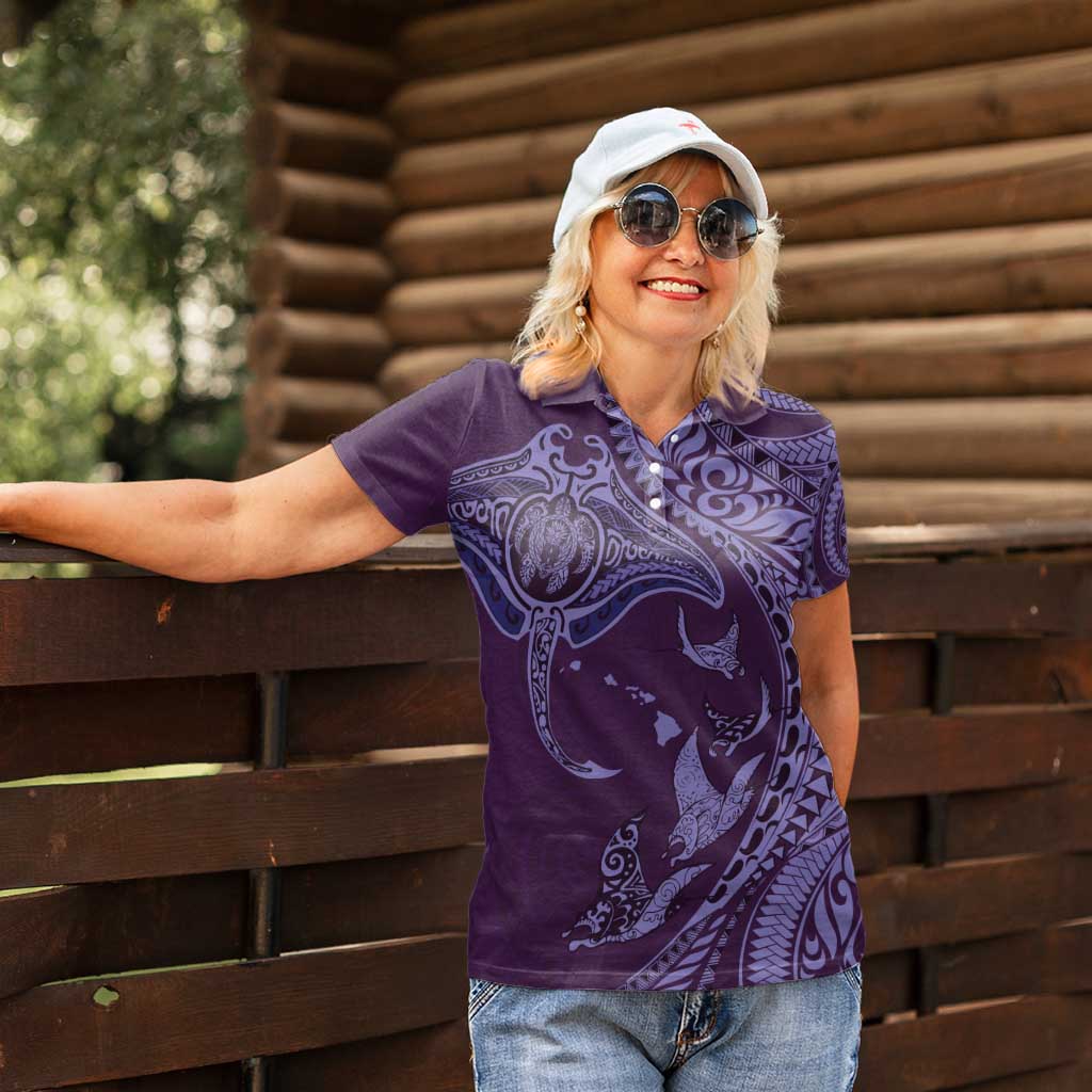 Hawaiian Manta Ray and Polynesian Tribal Tattoo Women Polo Shirt Purple Color LT03 - Polynesian Pride