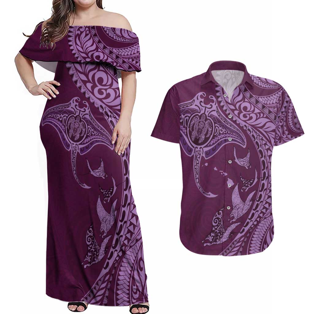 Hawaiian Manta Ray and Polynesian Tribal Tattoo Couples Matching Off Shoulder Maxi Dress and Hawaiian Shirt Pink Color LT03