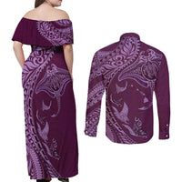 Hawaiian Manta Ray and Polynesian Tribal Tattoo Couples Matching Off Shoulder Maxi Dress and Long Sleeve Button Shirt Pink Color LT03