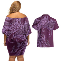 Hawaiian Manta Ray and Polynesian Tribal Tattoo Couples Matching Off Shoulder Short Dress and Hawaiian Shirt Pink Color LT03