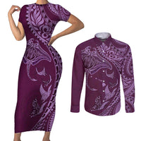 Hawaiian Manta Ray and Polynesian Tribal Tattoo Couples Matching Short Sleeve Bodycon Dress and Long Sleeve Button Shirt Pink Color LT03