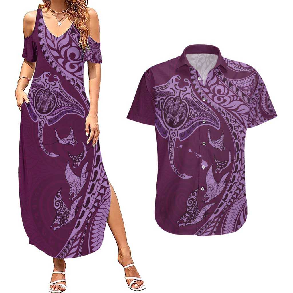 Hawaiian Manta Ray and Polynesian Tribal Tattoo Couples Matching Summer Maxi Dress and Hawaiian Shirt Pink Color LT03