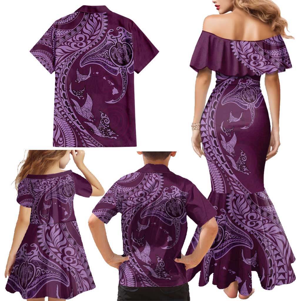 Hawaiian Manta Ray and Polynesian Tribal Tattoo Family Matching Mermaid Dress and Hawaiian Shirt Pink Color LT03