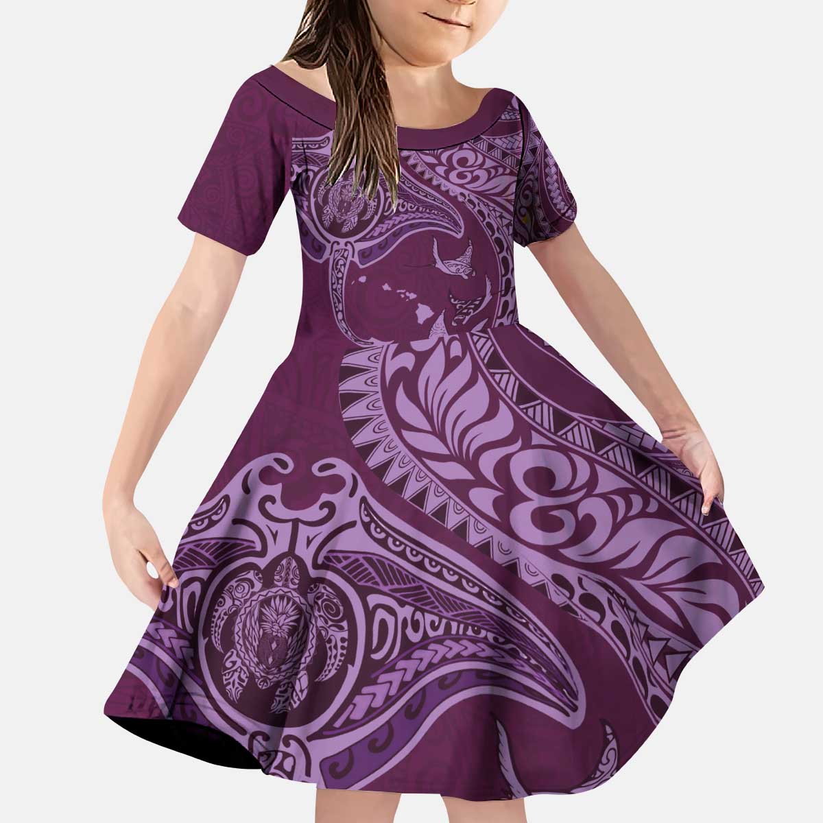 Hawaiian Manta Ray and Polynesian Tribal Tattoo Family Matching Puletasi and Hawaiian Shirt Pink Color LT03 Daughter's Dress Pink - Polynesian Pride